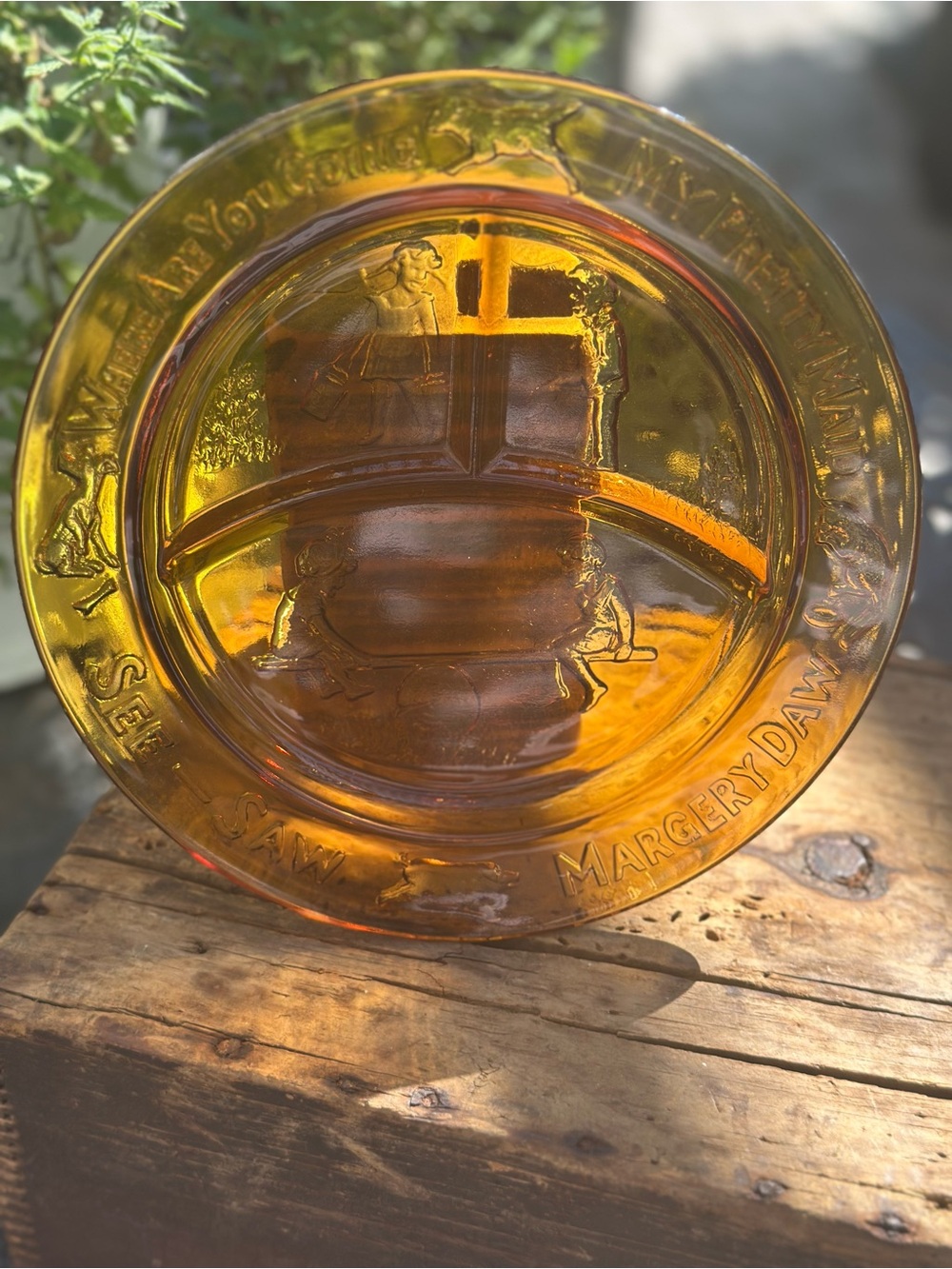 Vintage Amber Glass Childrens Divided Nursery Rhyme Plate 8 1/2 Inch